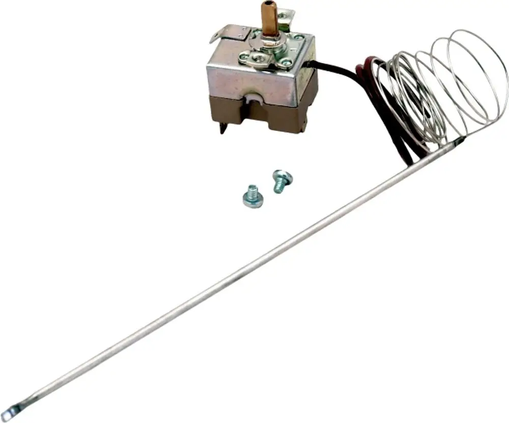 Rauchgasthermometer mit Metallgehäuse, Anschlussleitungen und Messfühler. Oft verbaut in Heizungen der Marke Wolf zur Überwachung der Abgase.